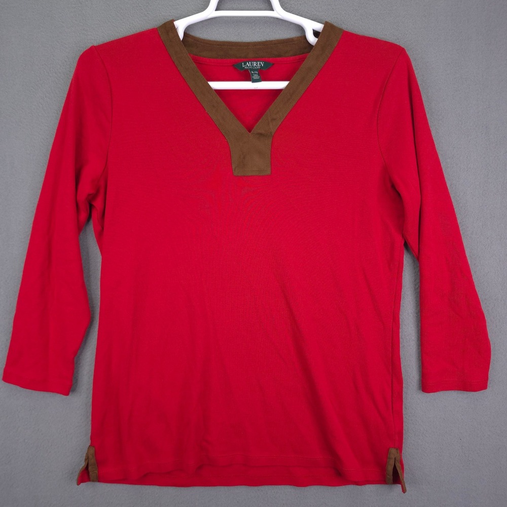 Lauren Ralph Lauren Top V-Neck Faux Suede Trim Red XL Cotton 3/4 Sleeve Classic
